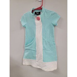 Girls Llum Short Sleeve Aqua & White Dress With Pockets 5T